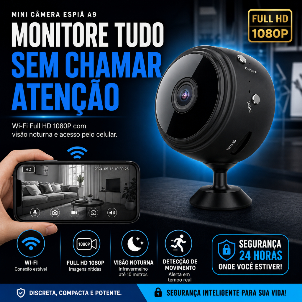 Mini Câmera Espiã WiFi Full HD 1080p A9 Visão Noturna Detecção Movimento Áudio Android iPhone