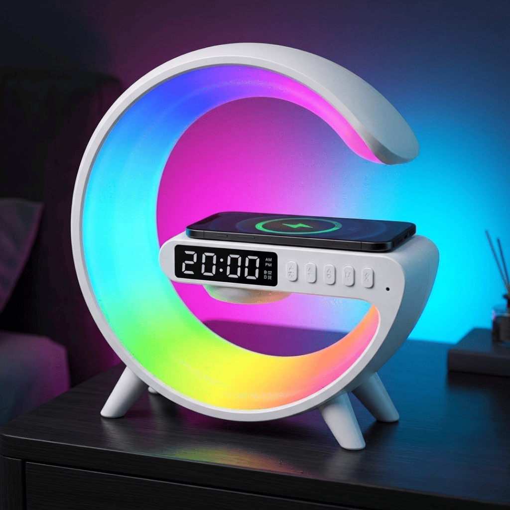 Luminária G Relógio Despertador LED RGB Carregador Sem Fio Indução Speaker Bluetooth Recarregável
