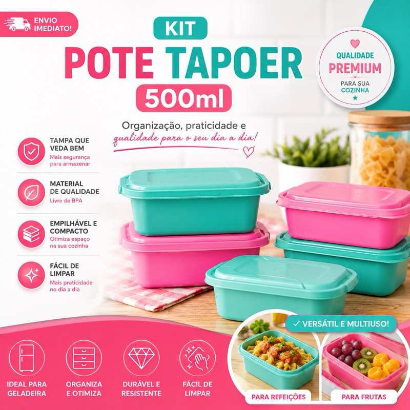 Potes Plástico Tapoer Tiffany ou Rosa | 5 até 30 unidades 500ml