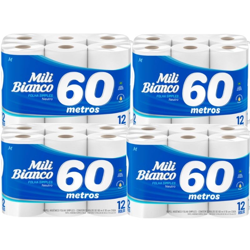 kit papel higiênico 60 metros 4 fardos mili 12 rolos folha simples