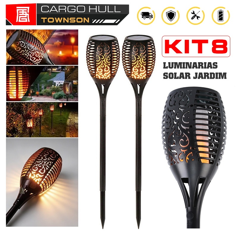 Kit 8 Luminaria Solar Espeto de Jardim Balizador Tocha Efeito Decoração Luz Para Áreas Externas