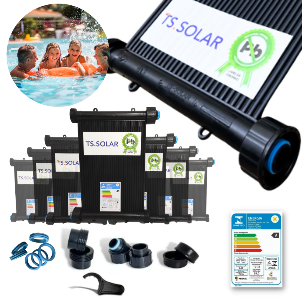 Kit Aquecedor Solar Piscina 10 Placas 3m TS Solar + Kit Fechamento União Rosca