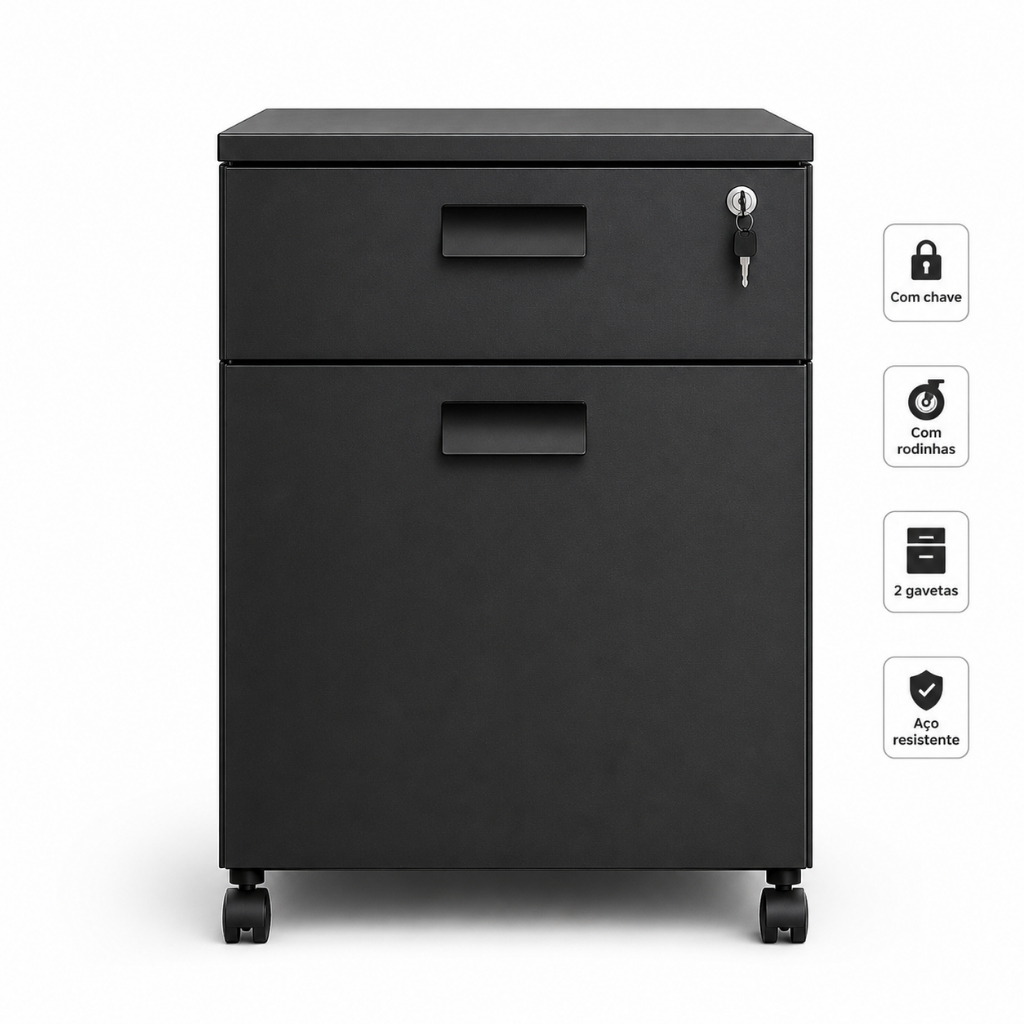 Gaveteiro Volante 2 Gavetas Arquivo com Chave para Documentos Escritório Home Office Consultórios