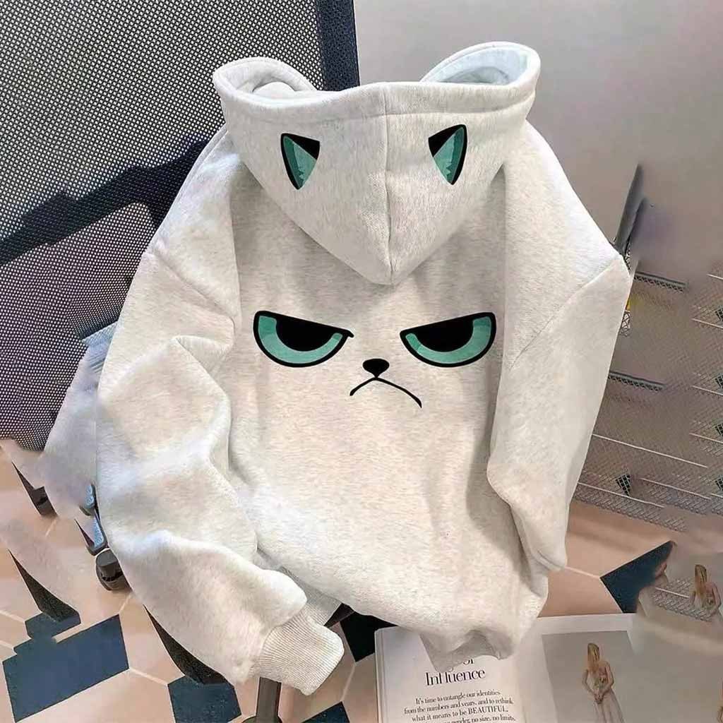 Moletom Canguru Unissex Carinha de Gato Estampa no Capuz Street Olhos e Orelha Com Bolso e Capuz