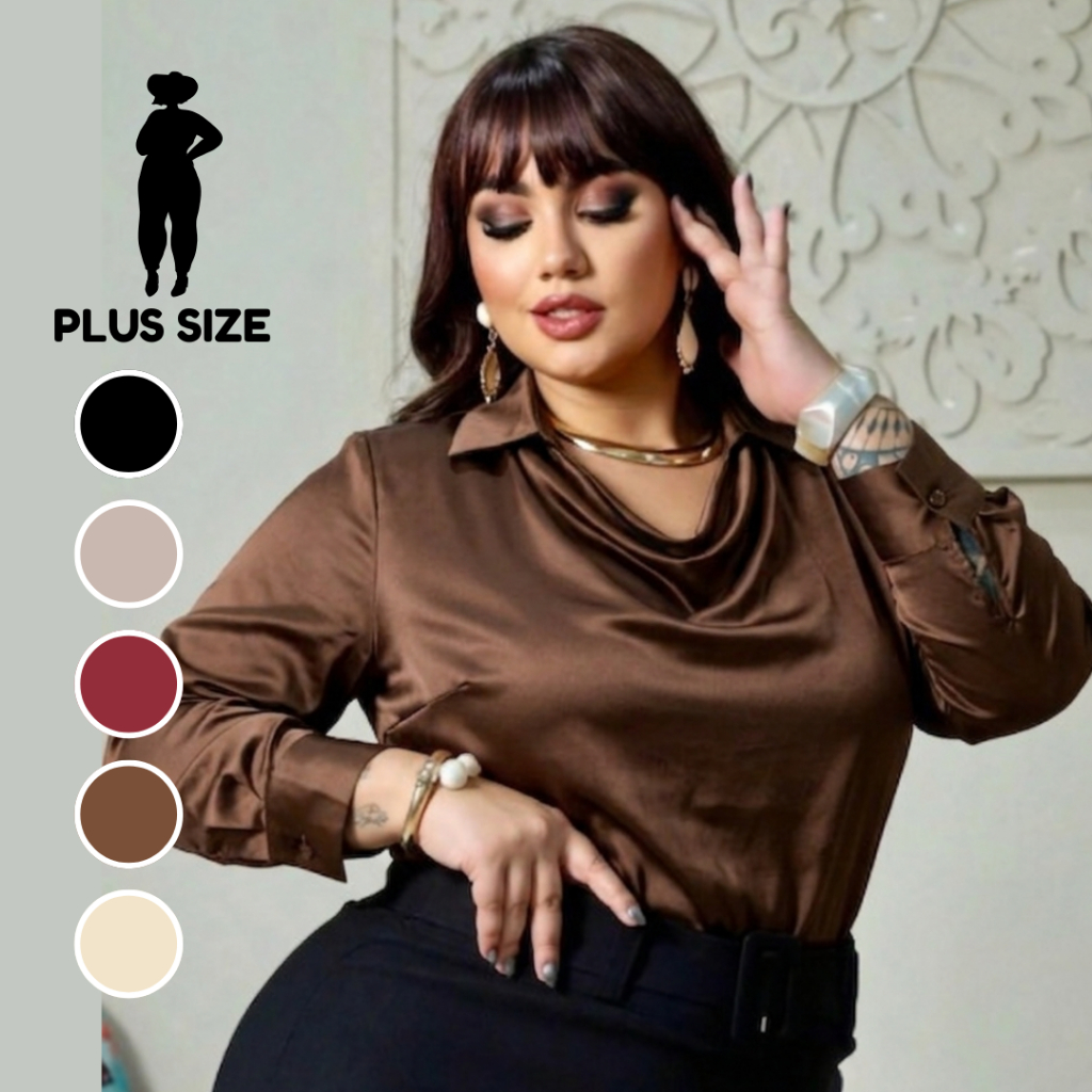 Blusa Feminina Cetim Plus Size Manga Longa Gola Boba G1 G2 G3 Moda Evagelica, Moda Social Gola Degagê Tecido Acetinado