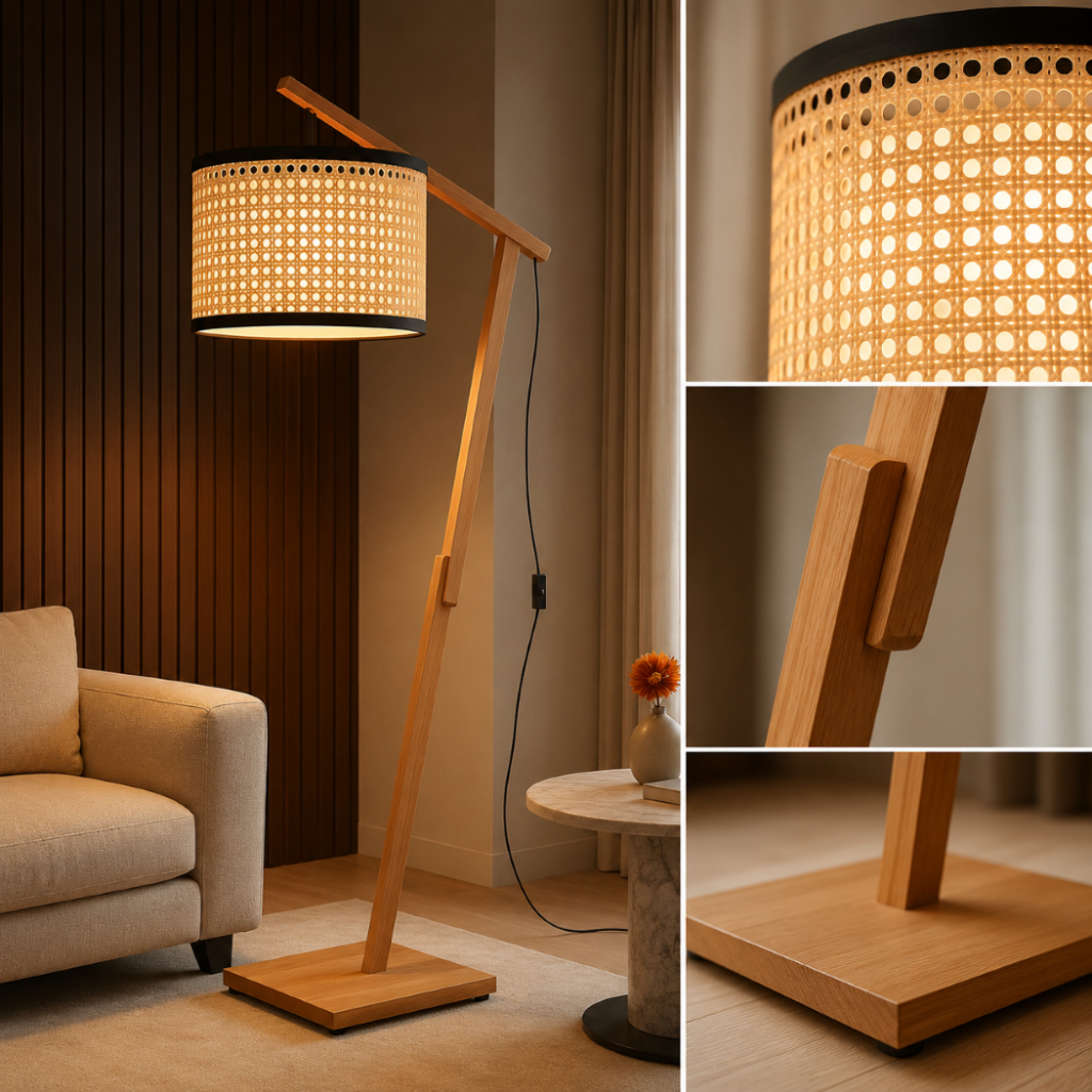 Luminária Abajur Madeira Aurora Chão Pedestal Tela Palha Madeira Cupula 11 Sala Quarto Escritorio 1,60 Bivolt