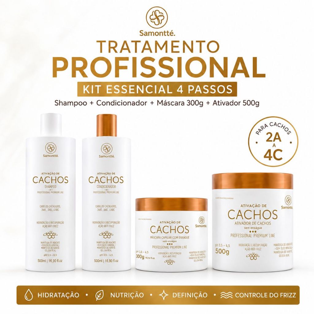 Kit Cachos S’amontté 4 Produtos Shampoo Condicionador Máscara Ativador Hidratação Definição 2A a 4C