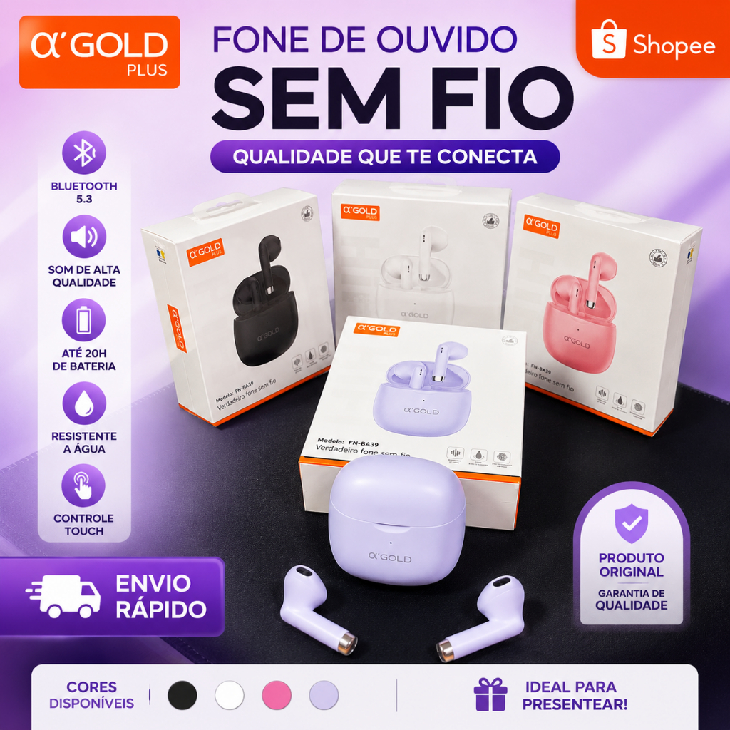 Fone Bluetooth α’GOLD PLUS FN-BA39 Sem Fio Bluetooth 5.3 Touch