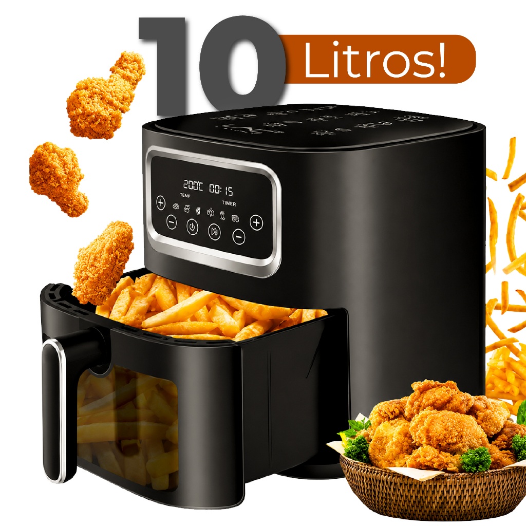 Fritadeira Elétrica Air Fryer Sem Óleo Com Desligamento Automático 10 Litros Multifunções 1600W