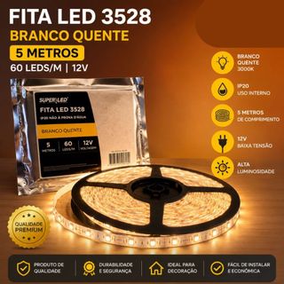 Fita Led 3528 Quente 5m 60d 12v Branco Quente Super Led