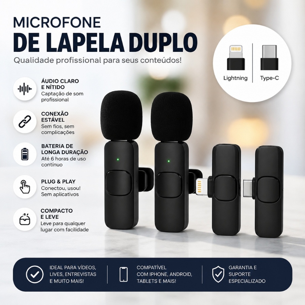 Microfone De Lapela Duplo iPhone Android Longo Alcance Tipo C Lighting Sem Fio Profissional K9