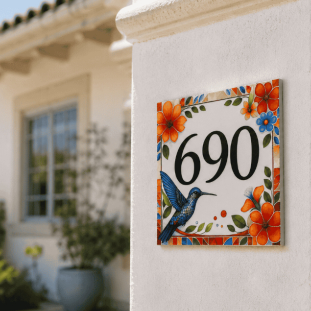 Azulejo Número Casa Personalizado Nome da Rua e Número Placa Número Residencial | Floral beija-flor
