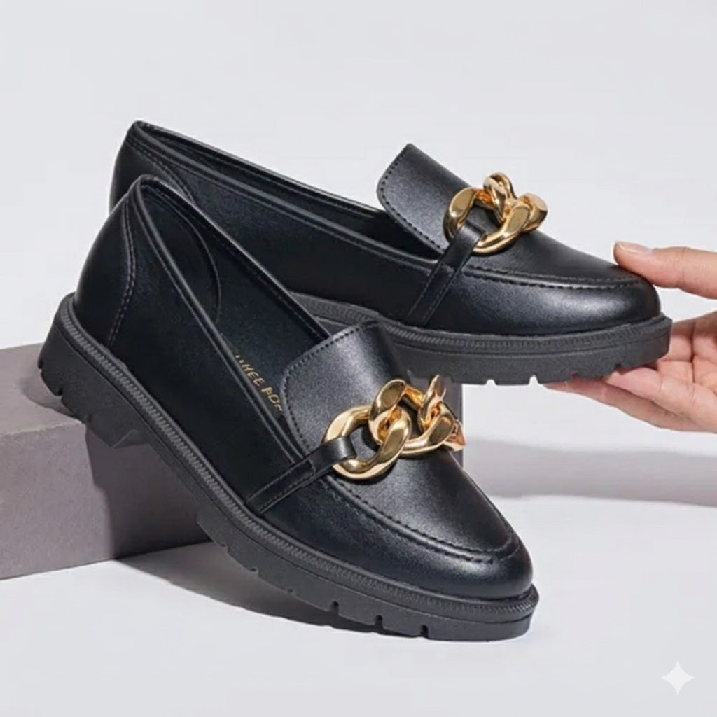 Mocassim Feminino Tira Corrente Beira Rio Preto Sapato Tratorado Casual Palmilha Macia Ortopédica Joanete