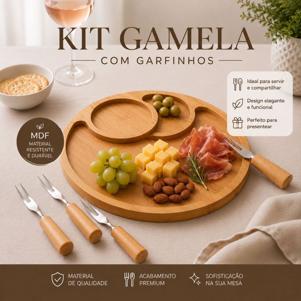 Kit Gamela Petisqueira com 4 Garfinhos Servir Inox e Madeira Gamela Petisqueira Mdf Estilo Bambu para Servir Petiscos