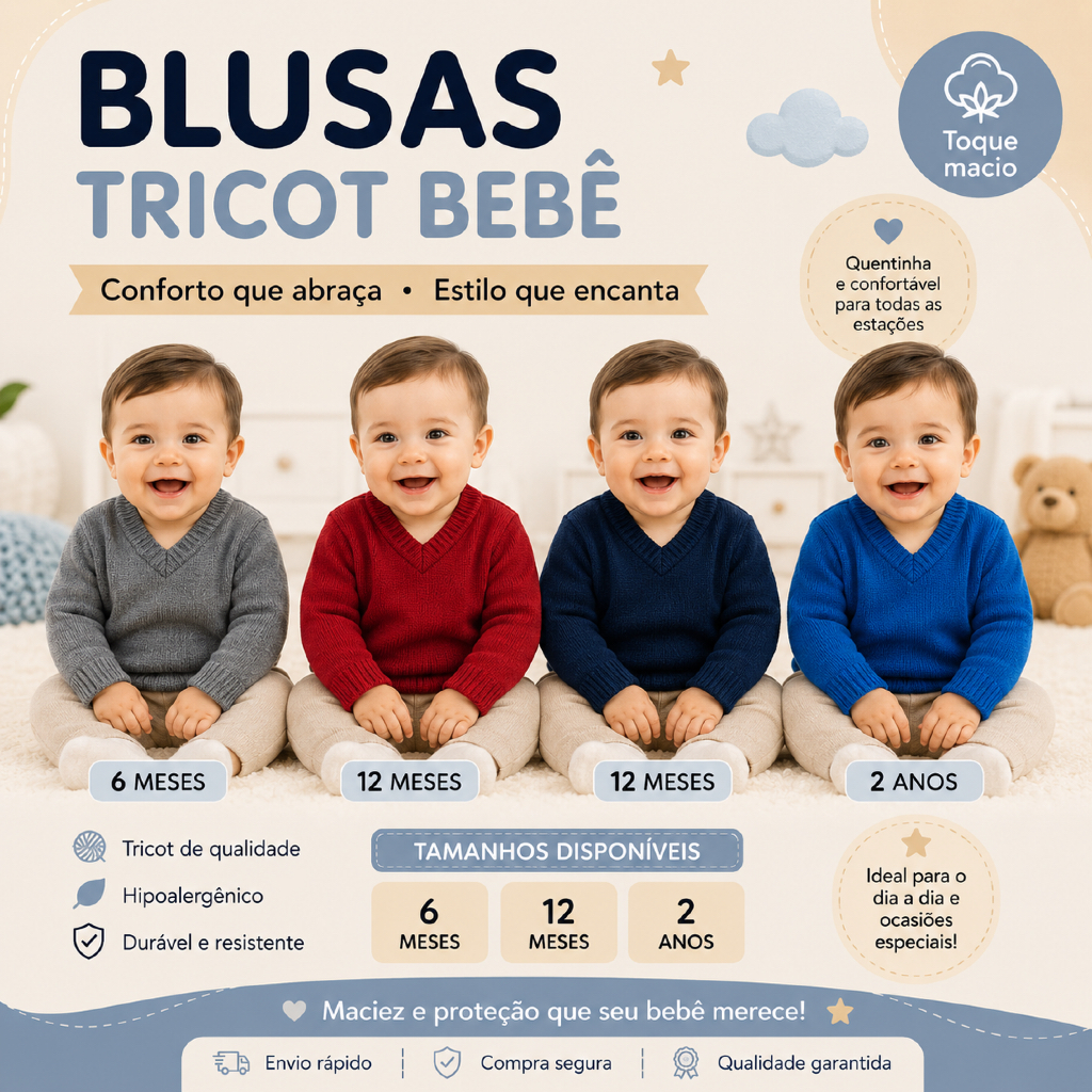 Blusa de lã bebê infantil menino gola V lisa baby inverno frio 3 meses 9 meses 1 ano E 2 anos.