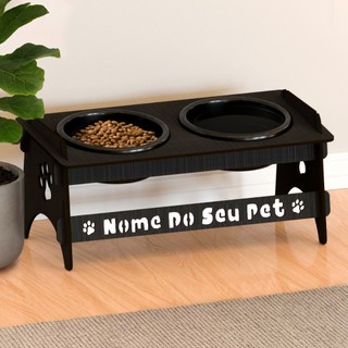 Comedouro PERSONALIZADO Com Nome Para Pets Pequenos De Madeira Com 2 Potes De Plástico