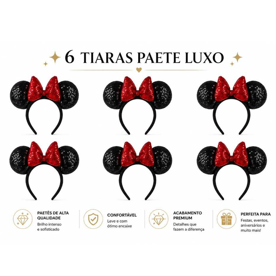6 Tiaras arco Minnie Vermelha com Paetê Luxo Orelhinha Fantasia Festa Infantil Adulto