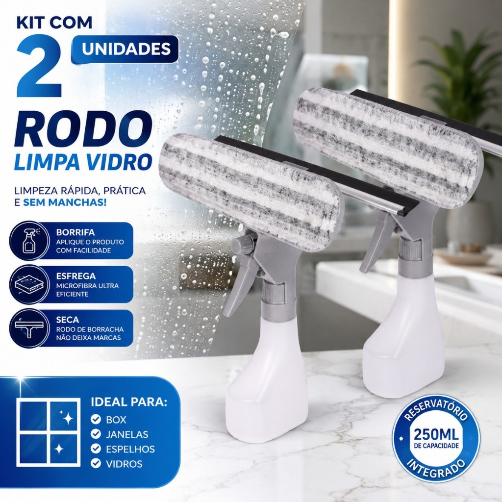 Rodo Limpa Vidro Spray 3 Em 1 Com Reservatório Mini MOP Para Box Espelho Janela Vidros Kit 1 ou 2