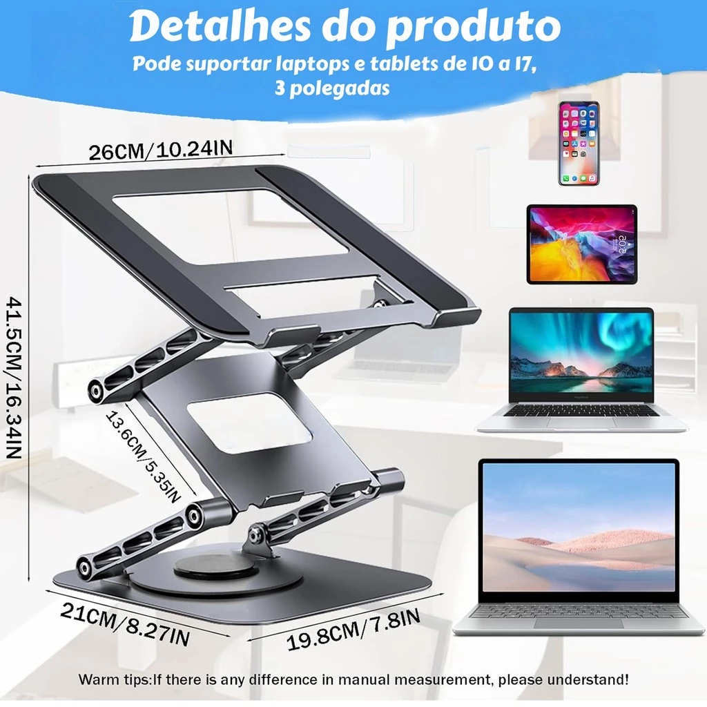 Suporte para Notebook Base Ajustável em Altura 2/3 Níveis, Ergonomico para Home Office e Escritório