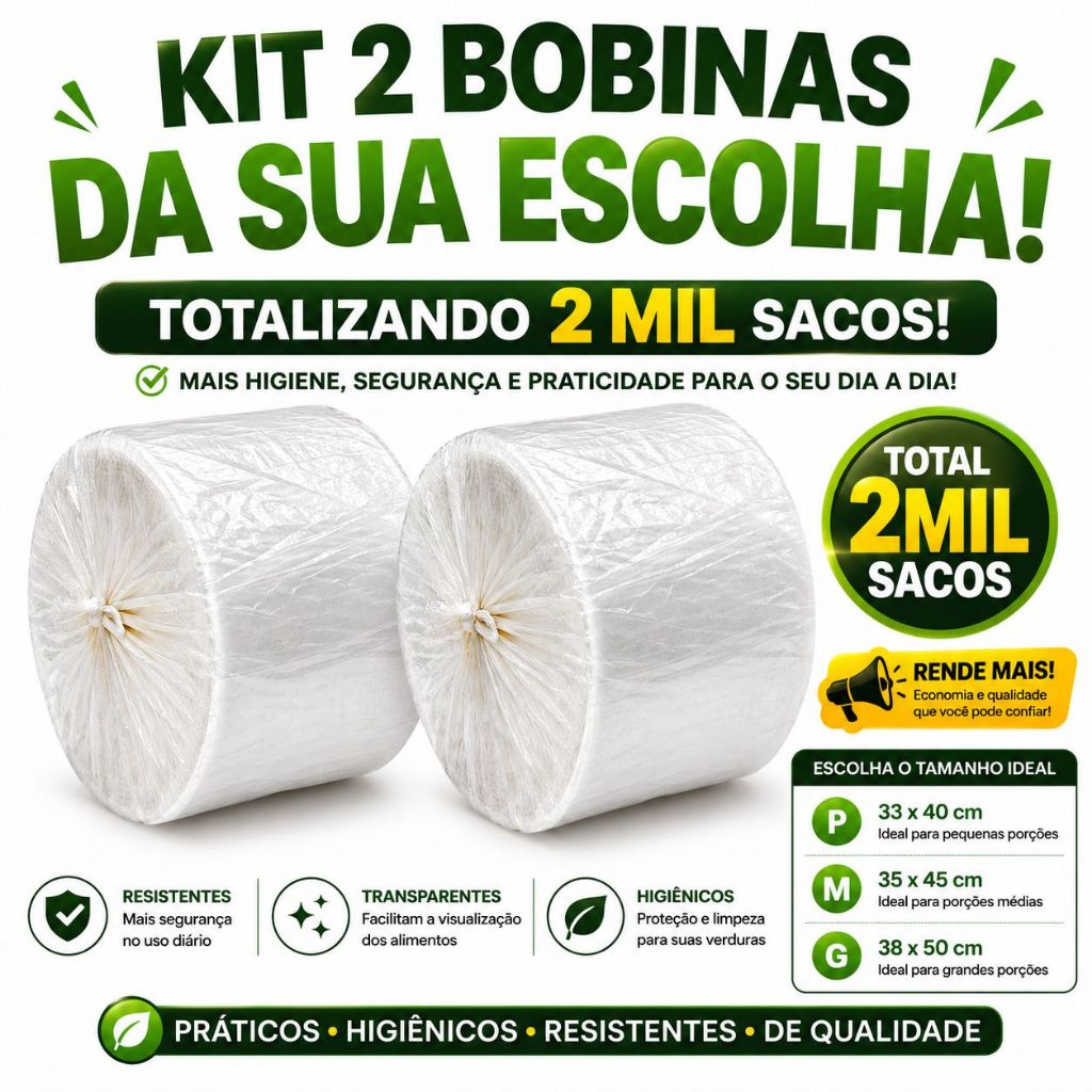 Kit 2 Bobina Fundo Estrela 2000 Sacos Plásticos Grande 38x55cm Mercado e Hortifruti