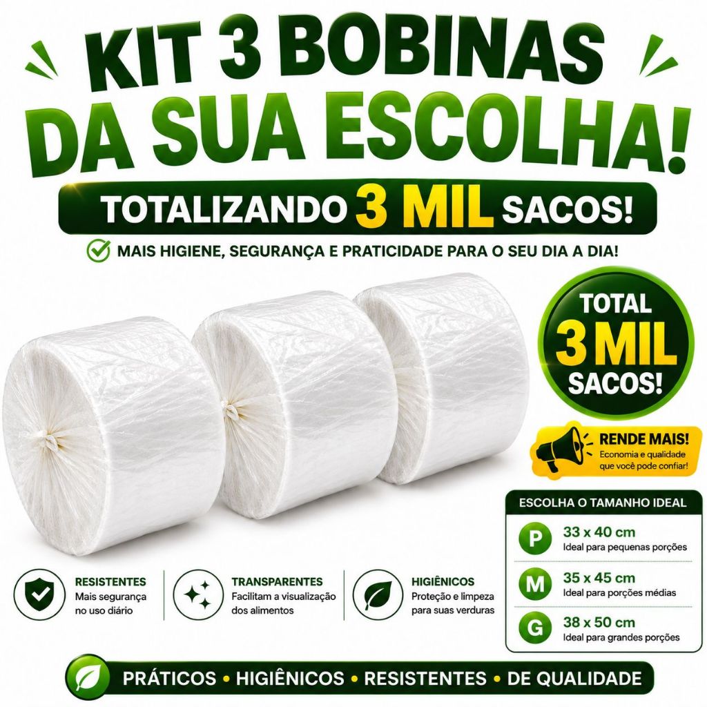 Kit 3 Bobina Fundo Estrela 3000 Sacos Plásticos Grande 38x50cm Mercado e Hortifruti