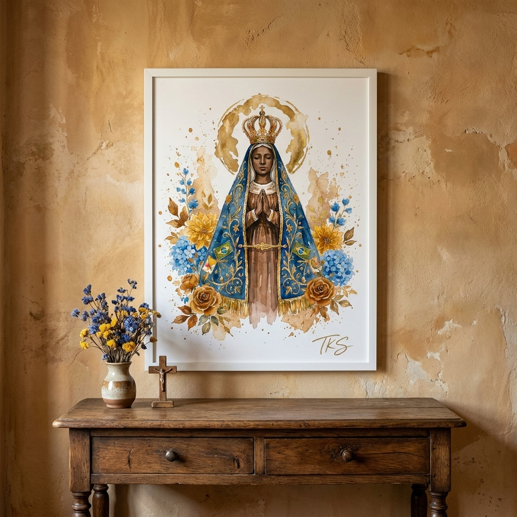 Quadro Decorativo 34x44 Nossa Senhora Aparecida Estilo Aquarela Floral Santa Católica Religioso Art