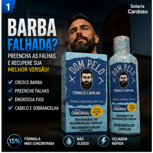Tônico Cresce Barba Dom Pelo 15% Original Preenche Falhas Cresce Barba Cabelo e Sobrancelha