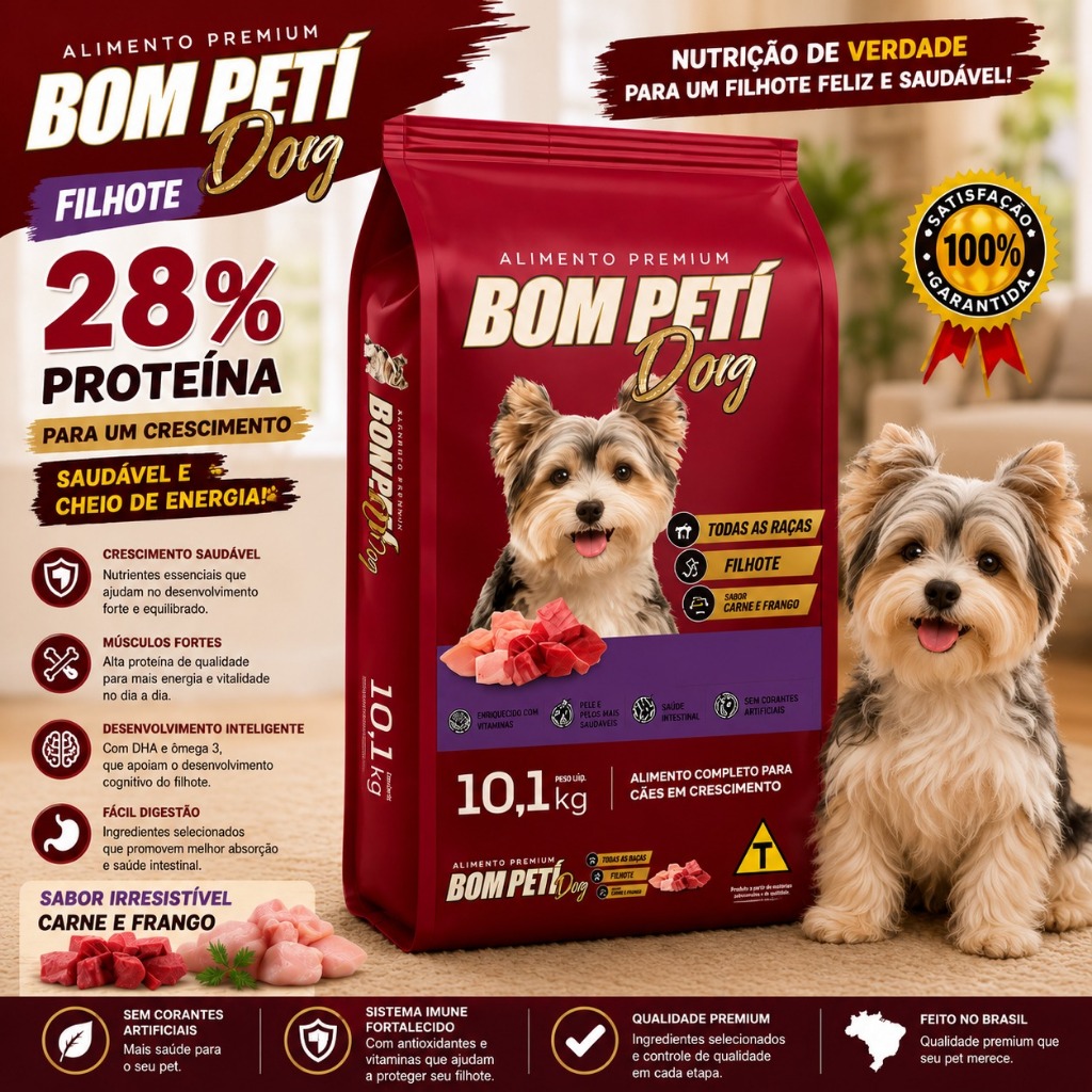 Ração Cachorro Filhote 10kg Bom Petí Dog Premium Sabor Carne Frango 28% Proteina