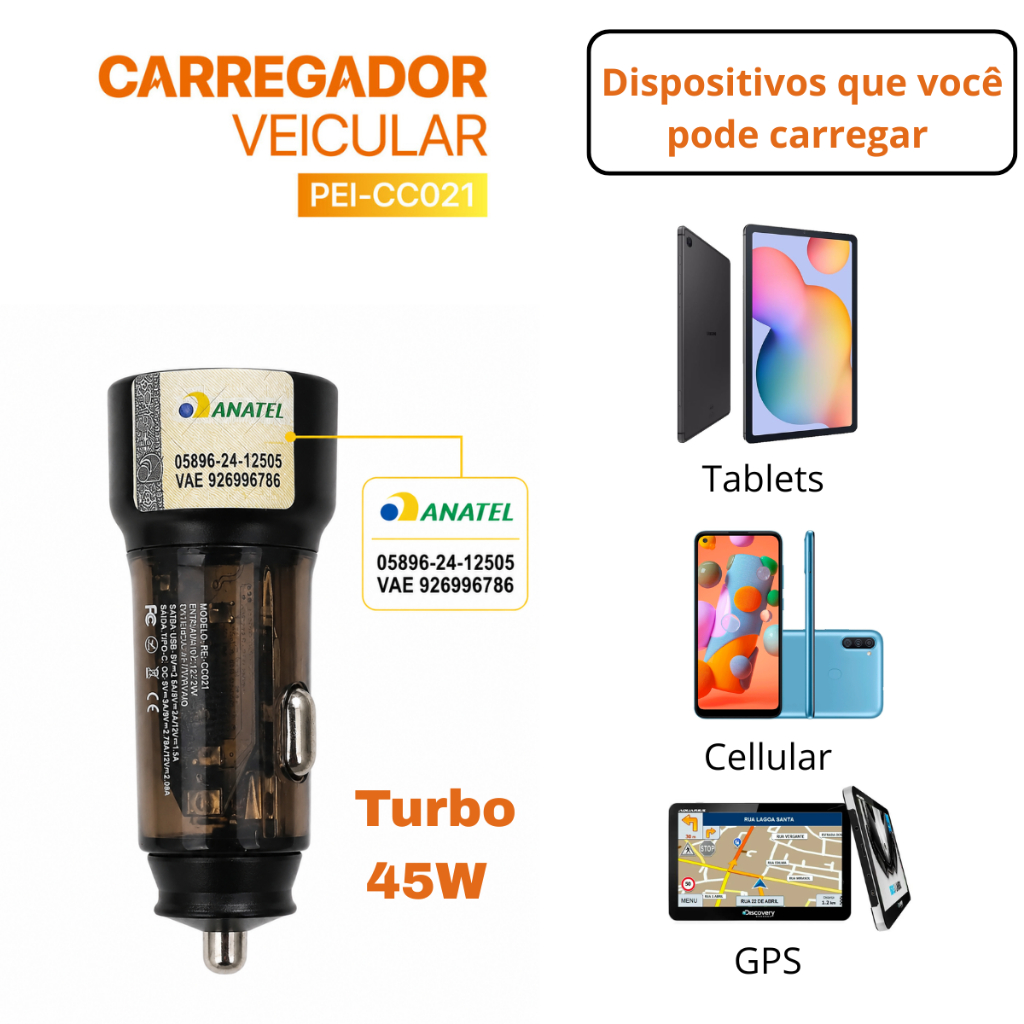 Carregador Veicular Turbo 45W 2 Entradas USB C e USB Para Celular GPS e Tablet Android e IOS