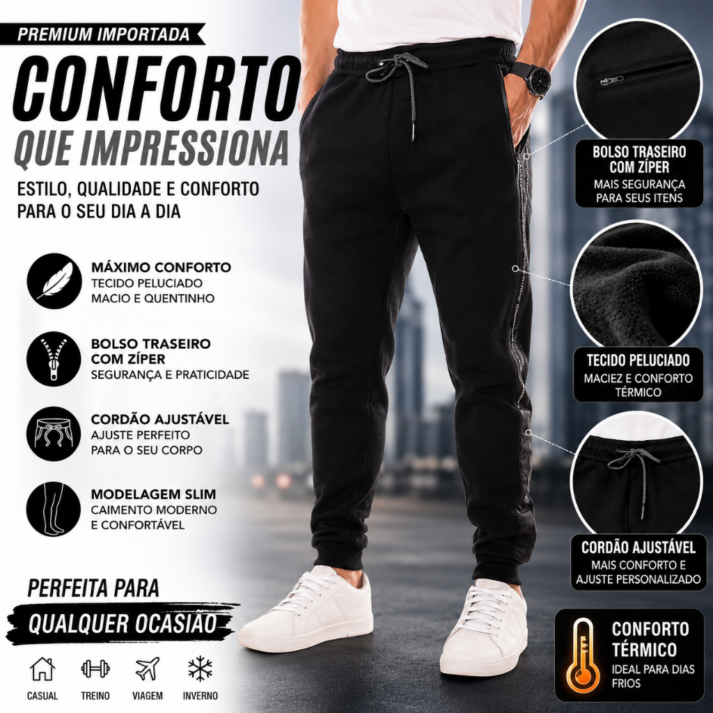 Calça Moletom Pesada Masculina Premium Peluciada Importada com Bolso Zíper e Cordão Ajustável