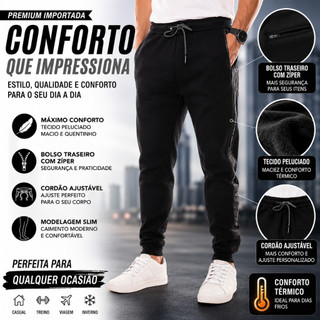 Calça Moletom Pesada Masculina Premium Peluciada Importada com Bolso Zíper e Cordão Ajustável.