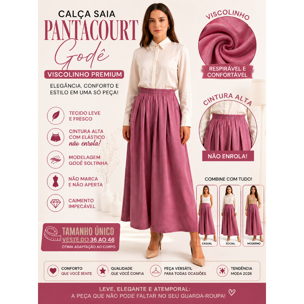 Calça Saia Pantacourt Godê Feminina Viscolinho com Bolso Soltinha Elegante Casual Social Confortável Moda Evangélica