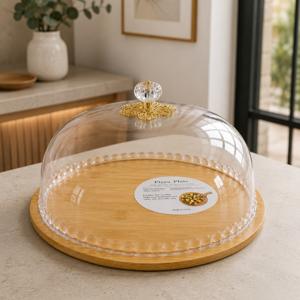Boleira Moderna Porta Bolo Tampa Acrílica Suporte Bambu Detalhe Luxo Cristal perfeita para tortas doces bolo sobremesa