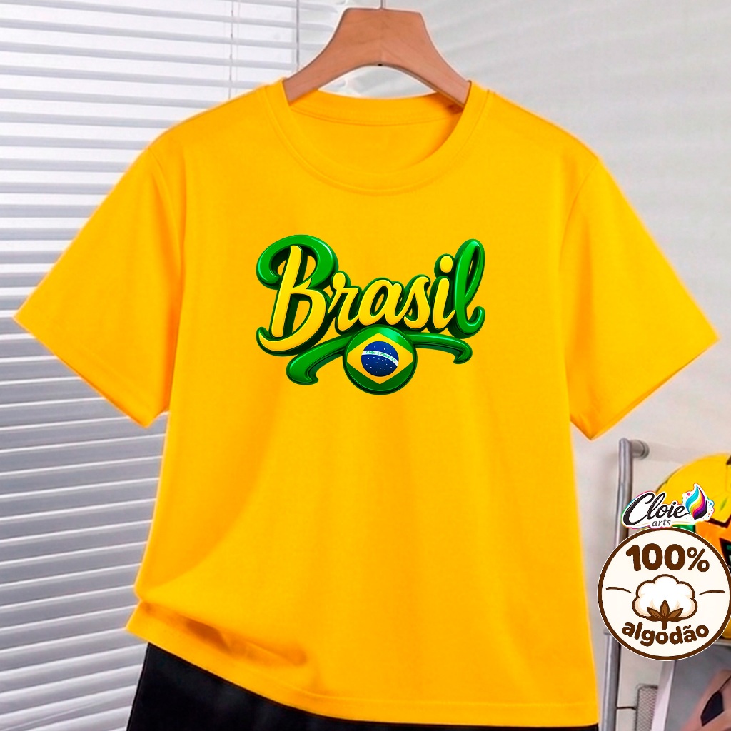Camiseta Infantil 100% Algodão Bandeira Brasil Amarela Copa Torcida Jogo T-shirt Moderna Blusa Descolada.