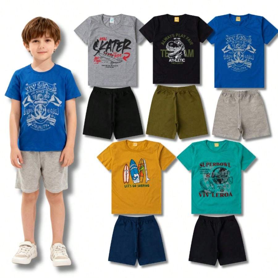 Kit 10 Peças 5 Conjuntos Masculino/Menino Coleção Infantil Juvenil - 5 Camiseta e 5 Shorts