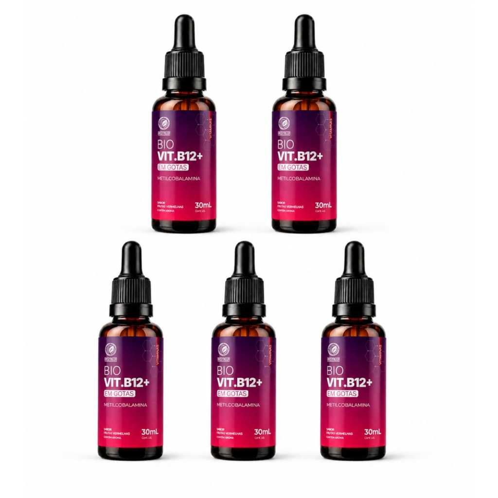 kit com 5 Bio Vit. B12+ METILCOBALAMINA Vitamina B12 Sublingual 20ml - BioSyncor