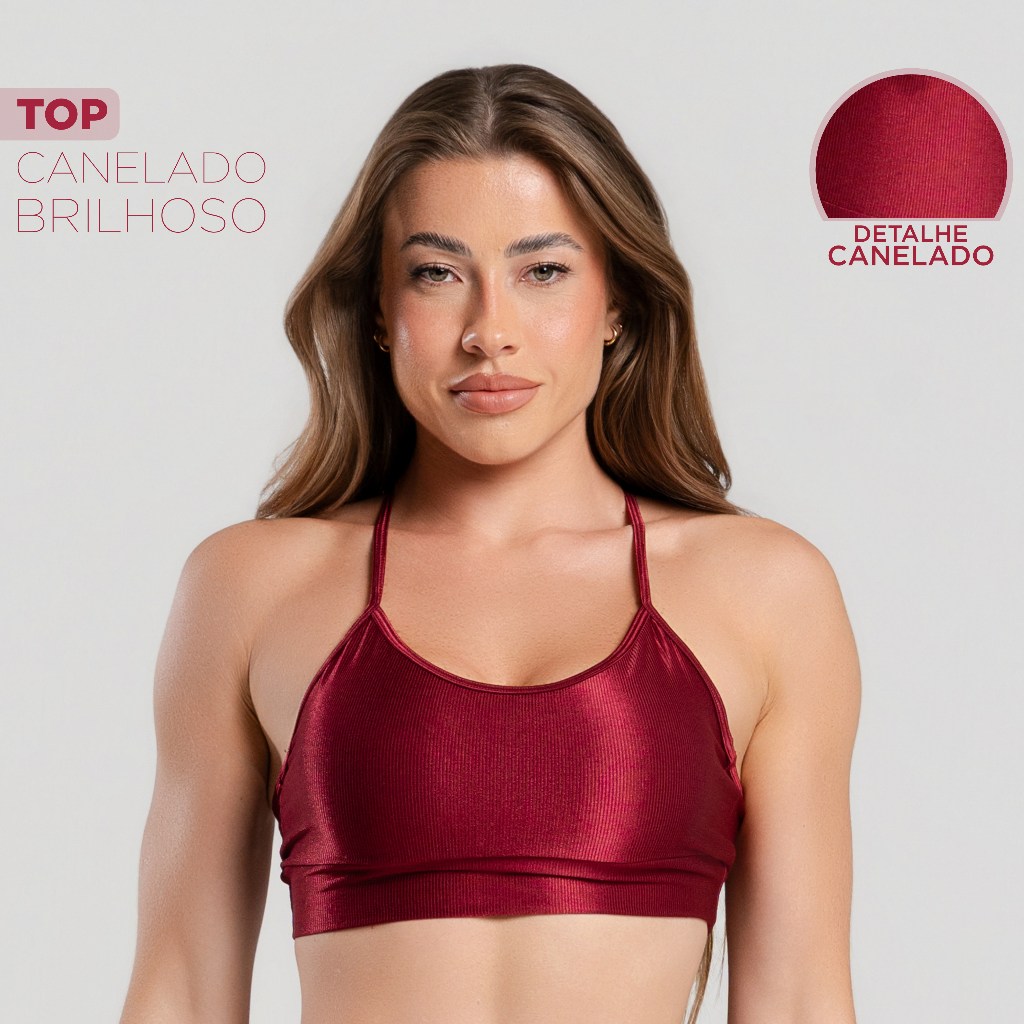 Top Fitness Feminino Alcinha – Trilobal Canelado Brilhoso Confortável Academia