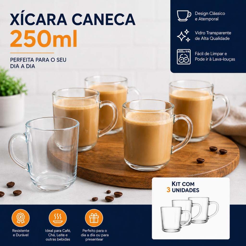 Jogo 3 Xícaras Em Vidro 250ml Kit Canecas Para Chá Café