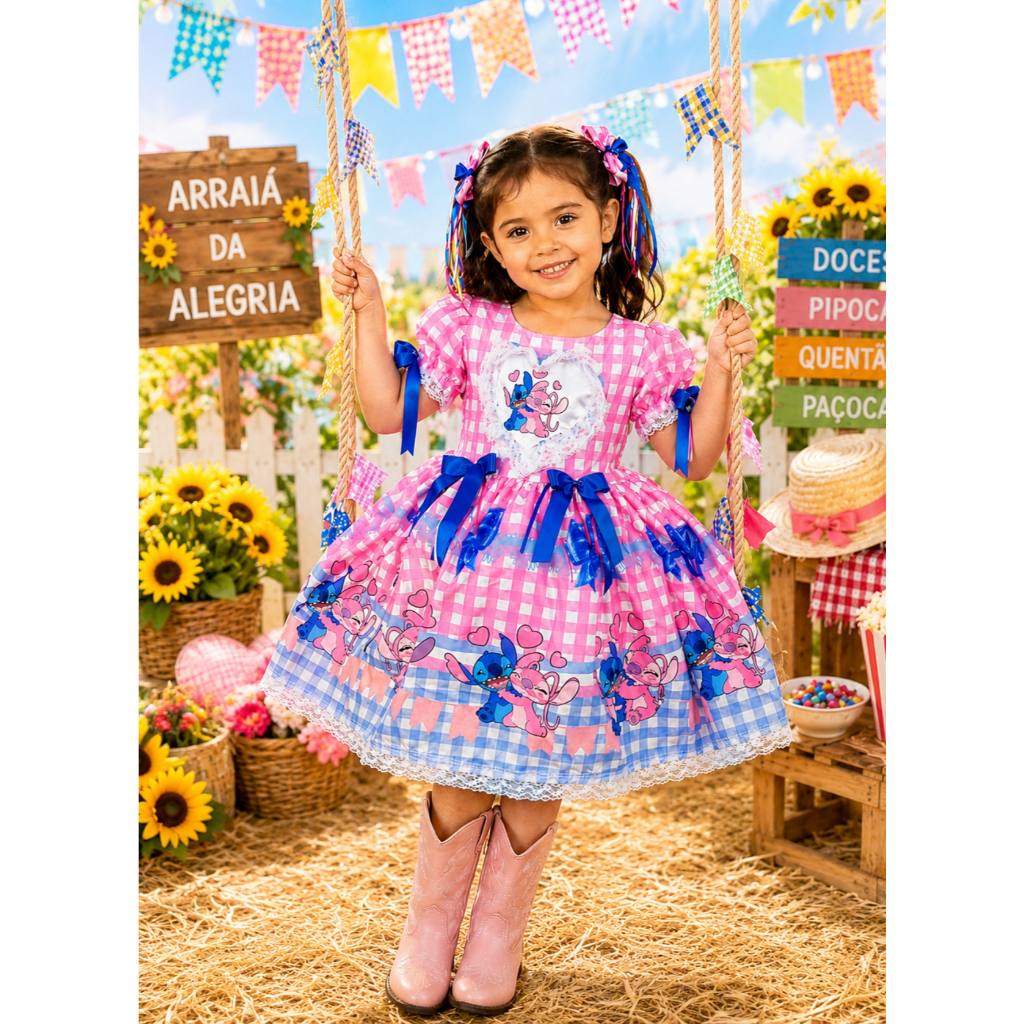 Vestido Stitch Junino Infantil Xadrez Festa Junina Quadrilha São João 1 a 12 anos