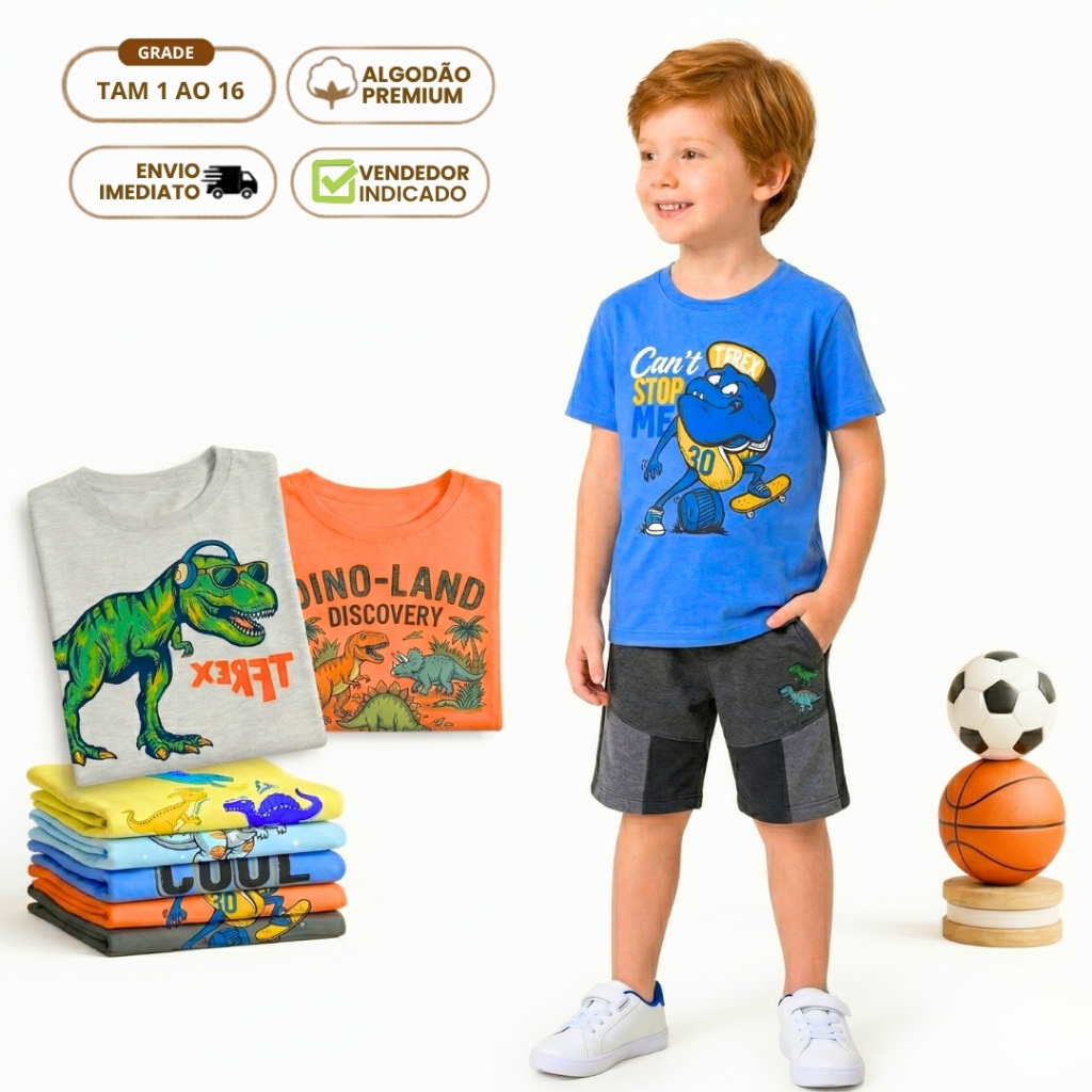 Lote 5 Camiseta e Regata Infantil Masculina Menino Algodão Blusa Verão Estampada Roupa de Calor Dino