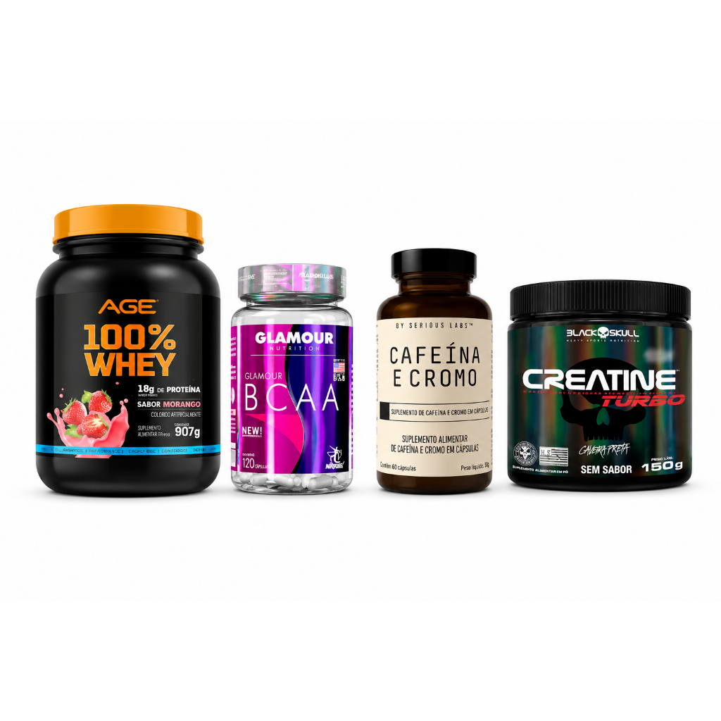 Whey 100% + Creatina Turbo Black Skull + BCAA + Cafeína e Cromo Performance Completa