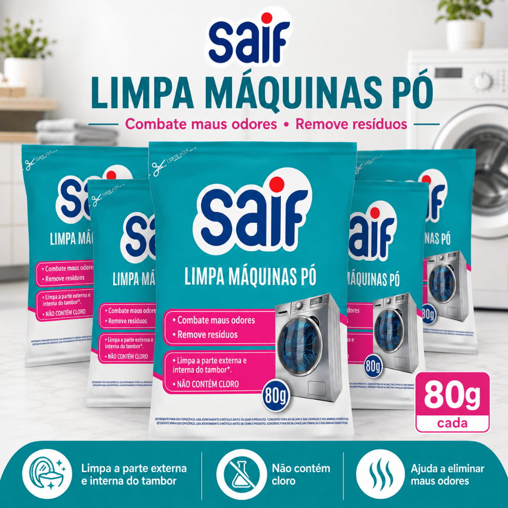 Limpa Máquina Lavar Roupa Saif 80g Sachê Pó · Higieniza Tambor ·Remove Odor Sem Cloro -Kit 1/3/5 Un