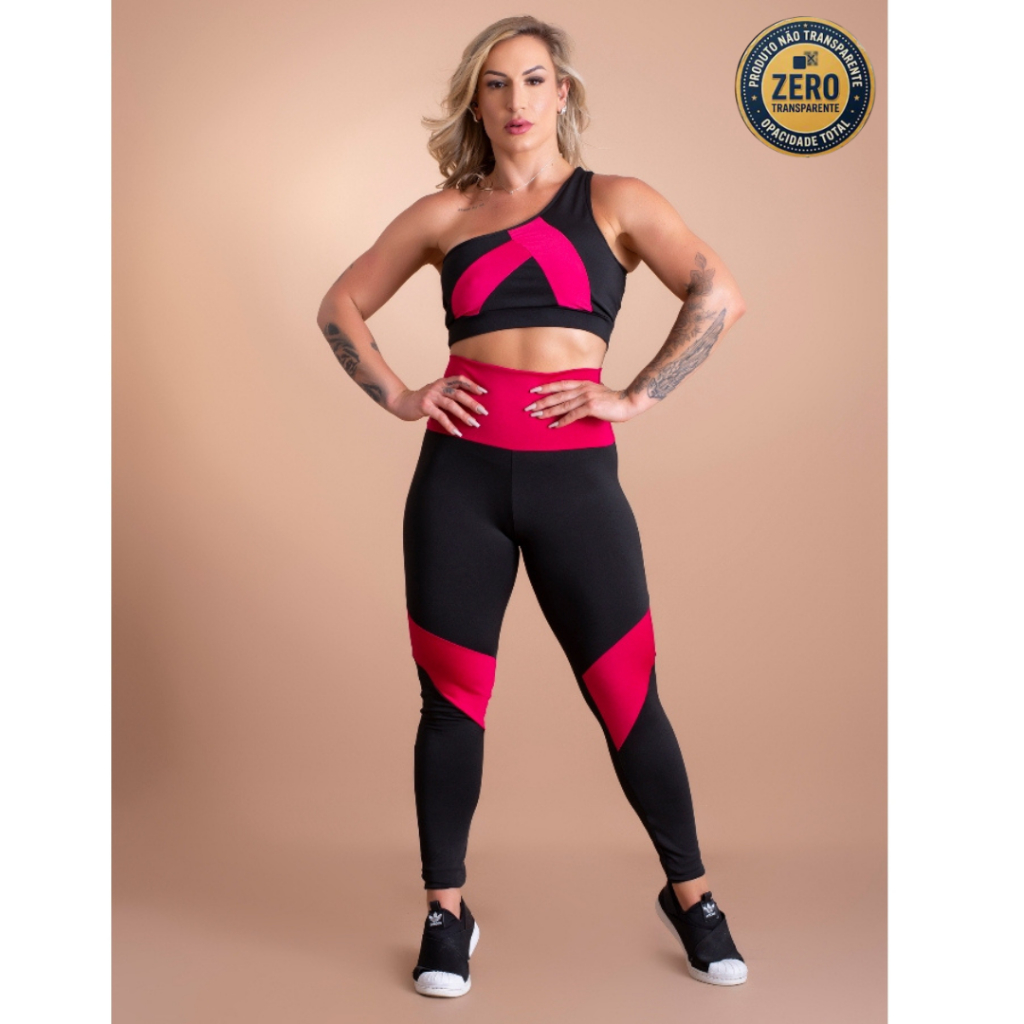 Conjunto Fitness Feminino Calça Legging Cintura Alta Detalhe E Top Faixa Cropped Ombro Só Academia ZERO TRANSPARÊNCIA