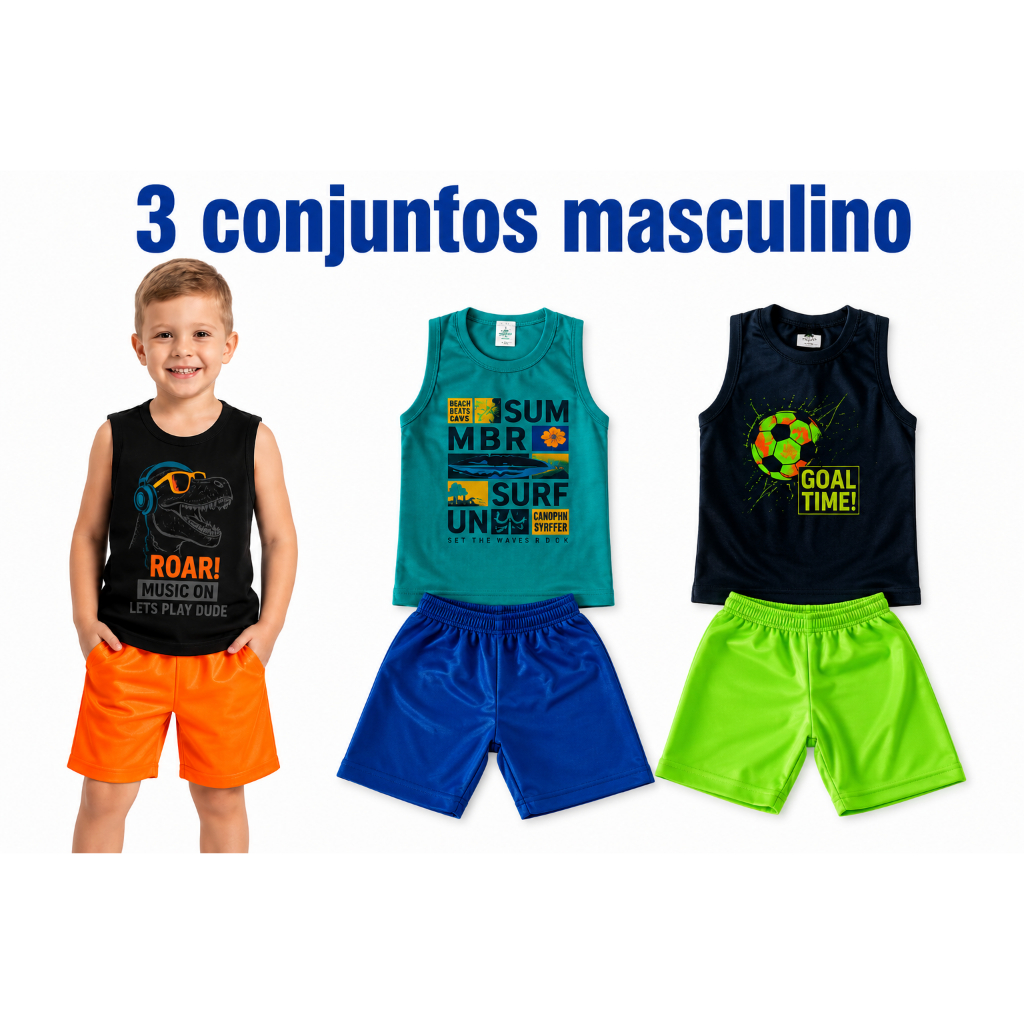 Kit 3 Conjuntos 3  Regata + 3 Bermudas Masculina Infantil Verão Roupa Menino Estampada Confortável Casual Promoção