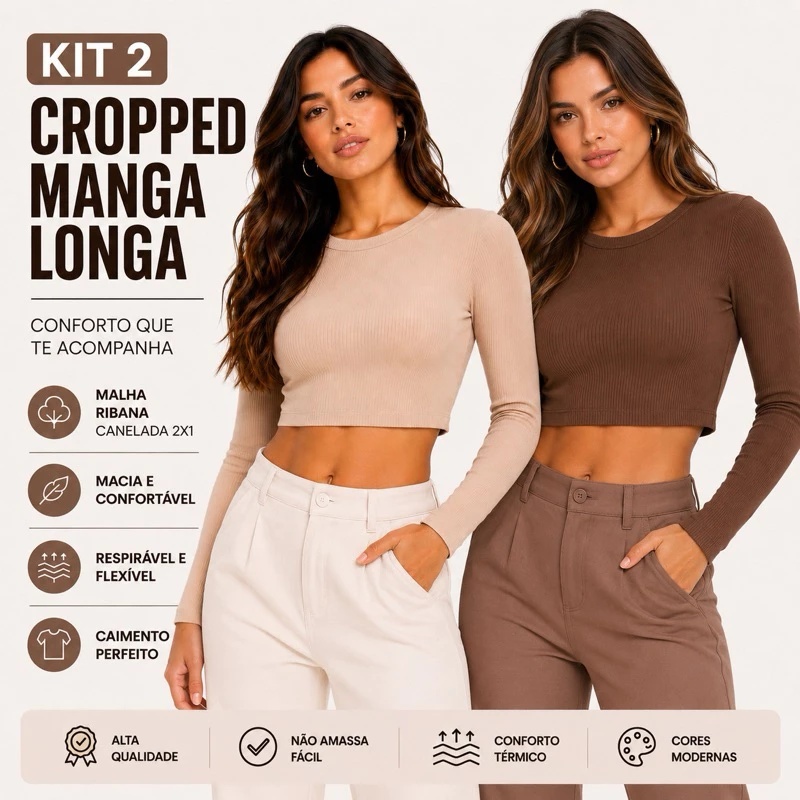 kit 2 Blusa Manga Longa Feminina Canelada Gola Redonda Cropped Algodão Confortável Básica Casual