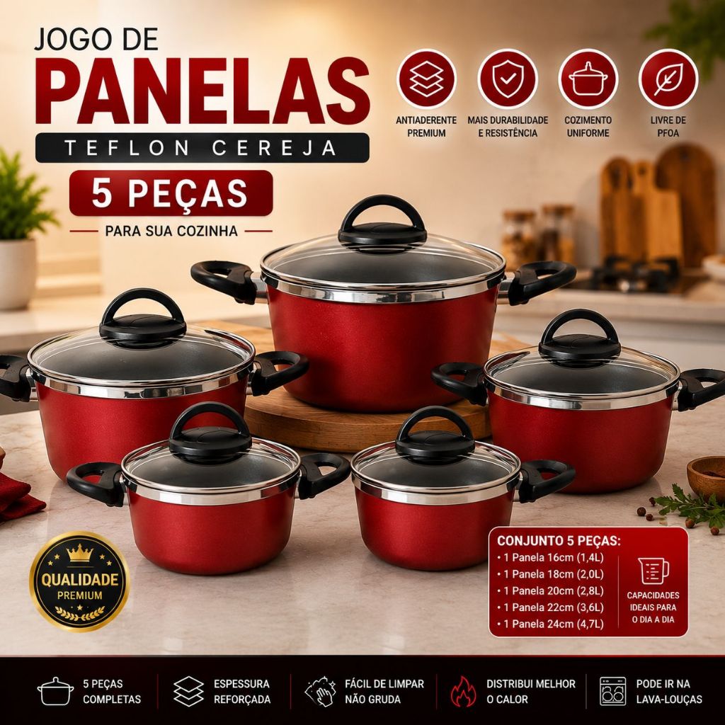 JOGO DE PANELA ANTIADERENTE 5 PEÇAS COM TAMPA DE VIDRO REFORÇADA