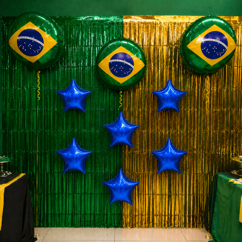 Kit Decoração Brasil Copa do Mundo 2 Cortinas + 3 Balões Bandeira Seleção Brasileira + 6 Balão Estrelas Hexa Festa