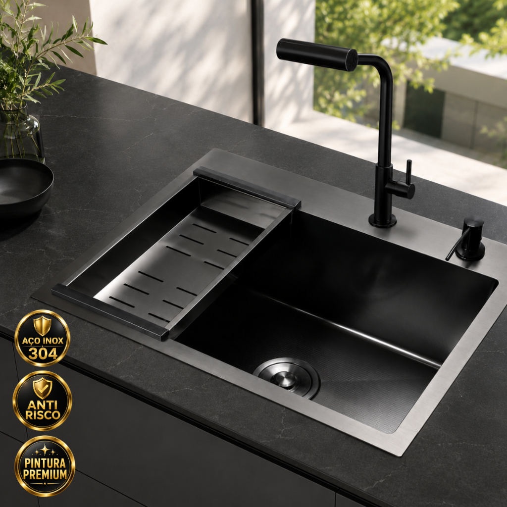 Cuba Aço Inoxidável 304 Anti Risco Pia Cozinha Gourmet Preto 60x45cm + Torneira Bancada 4 Jatos