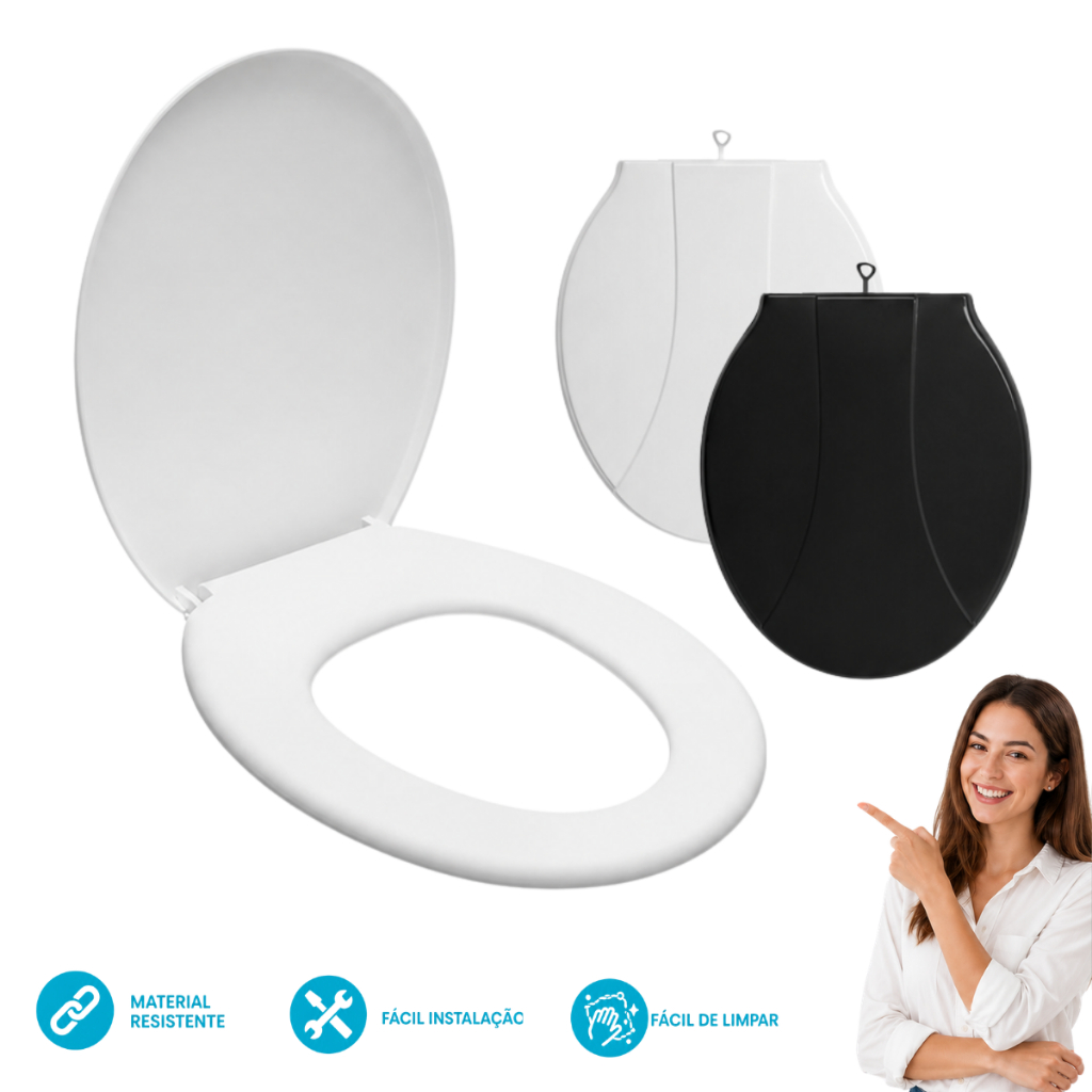 Assento Sanitário Premium Plastico Resistente Branco e Preto