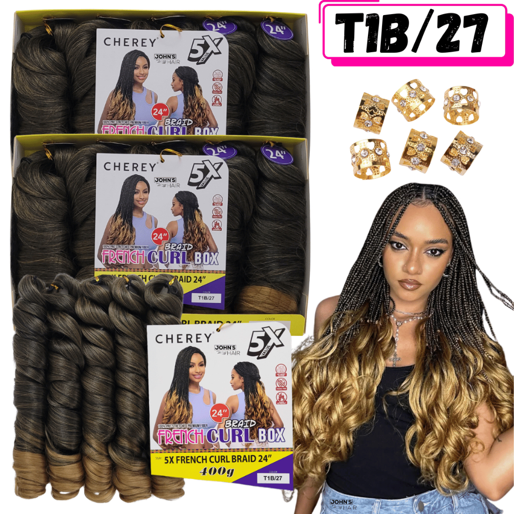 Kit 2 Pacote Cabelo French Curl 400 Gramas Liso Ondulado Crochet Braids Fibra Premium + anéis